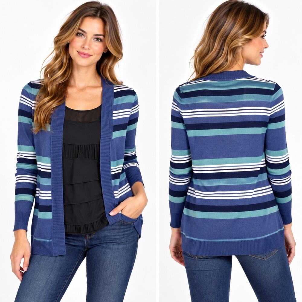 41 Hawthorn Womens Small Striped Open Front Cardigan Blue Long Sleeve Sweater